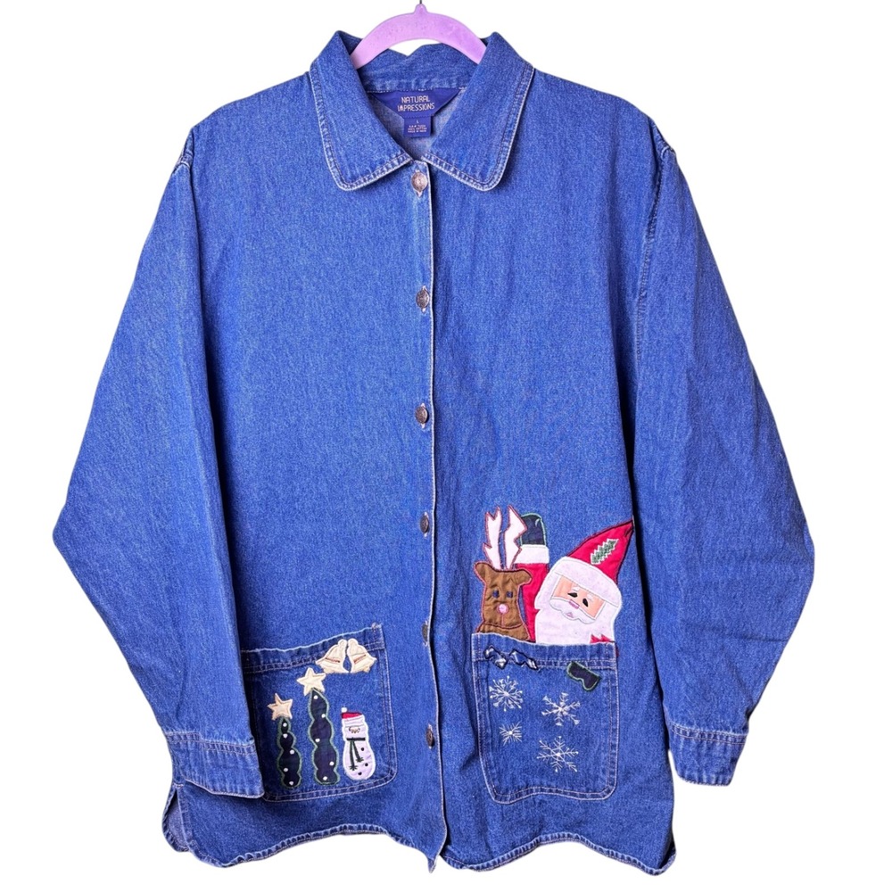 Natural Impressions Denim Christmas Holiday Embroidered Santa Jacket Size‎ Large